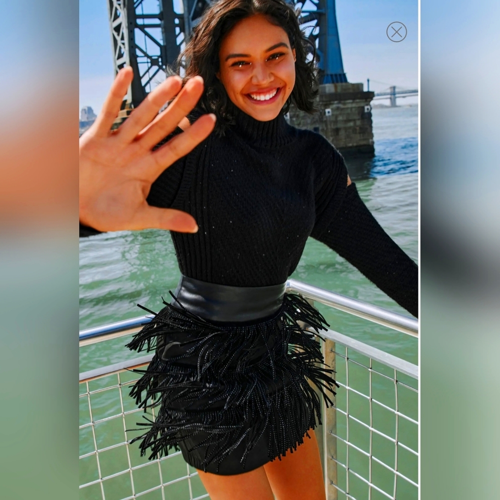 DKNY Shimmering Rhinestones Fringe Mini Skirt